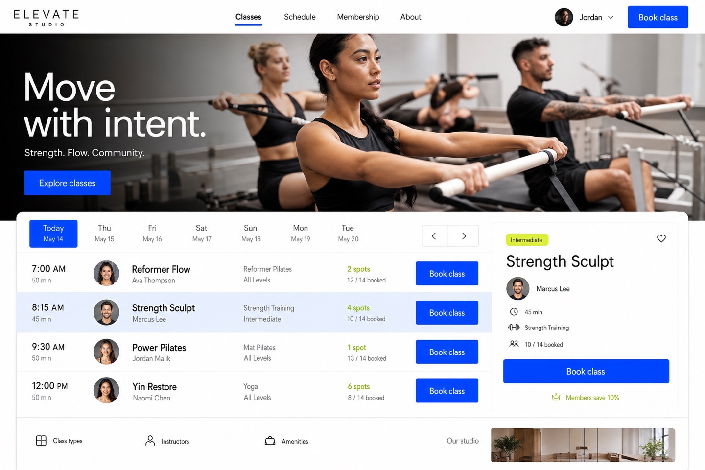 Representative boutique-fitness booking interface with class times and availability