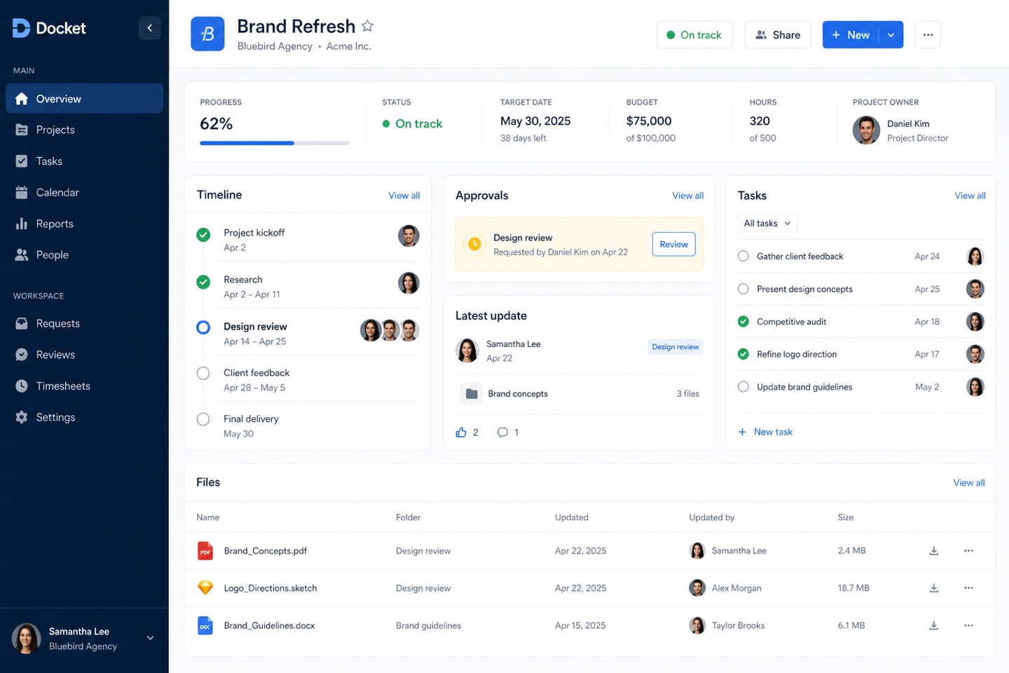 Detailed Docket client portal interface with project progress, timeline, approvals, tasks, updates, and files