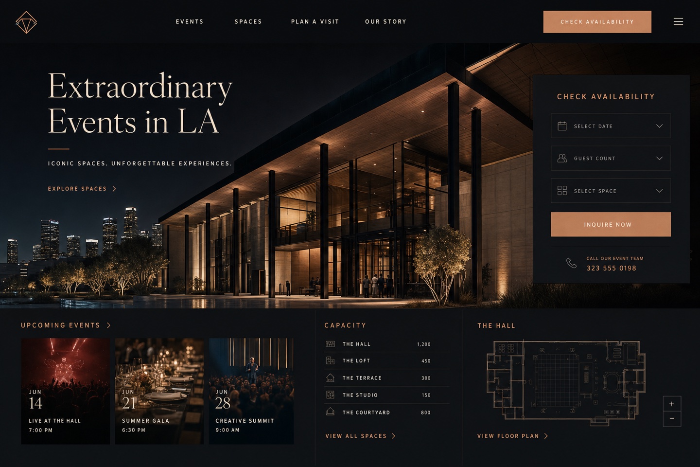 Detailed events venue website interface with space discovery, event listings, floor plan, and availability inquiry