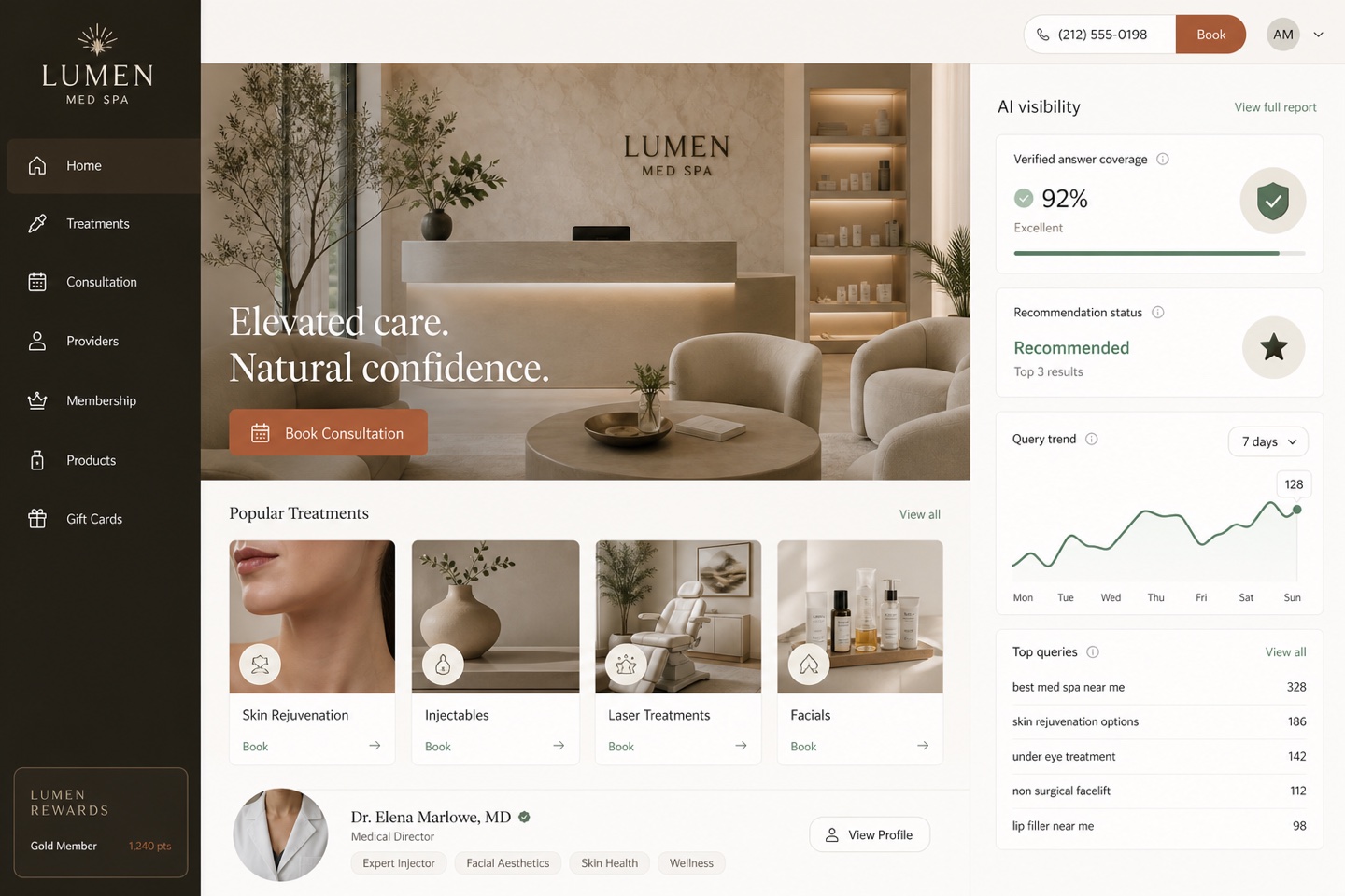 Representative med-spa website and AI-answer visibility dashboard concept