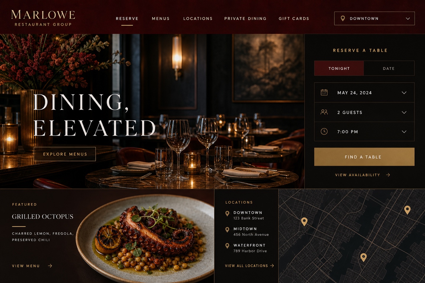 Representative restaurant-group website concept with reservations, locations, and local search features