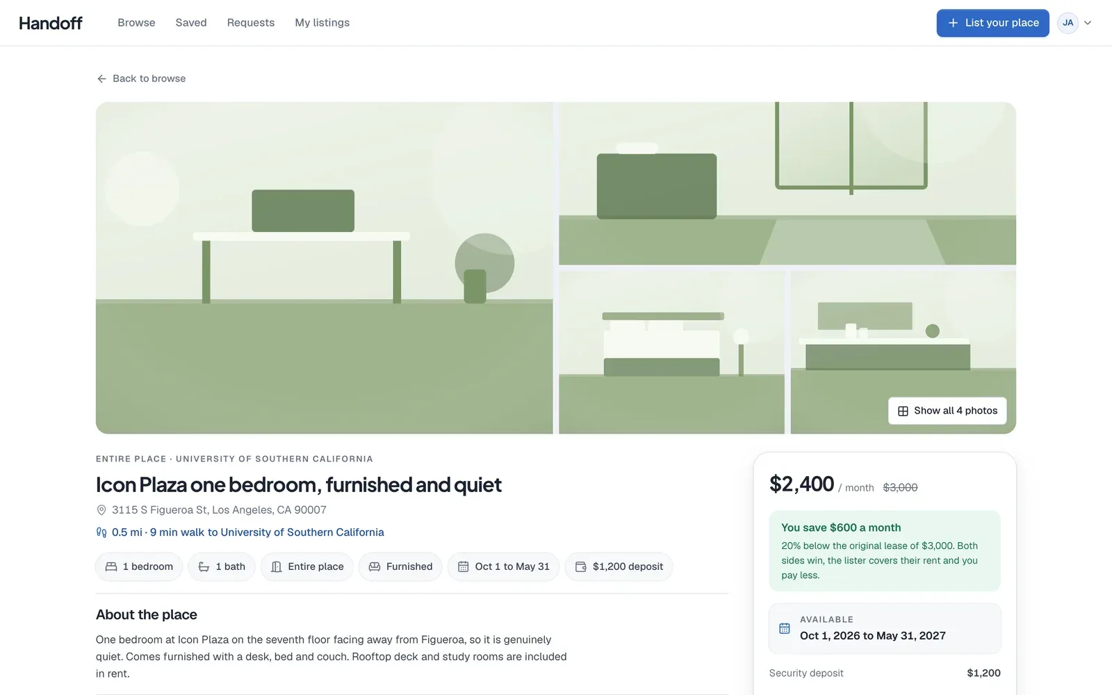 A listing, with the savings and the dates up top