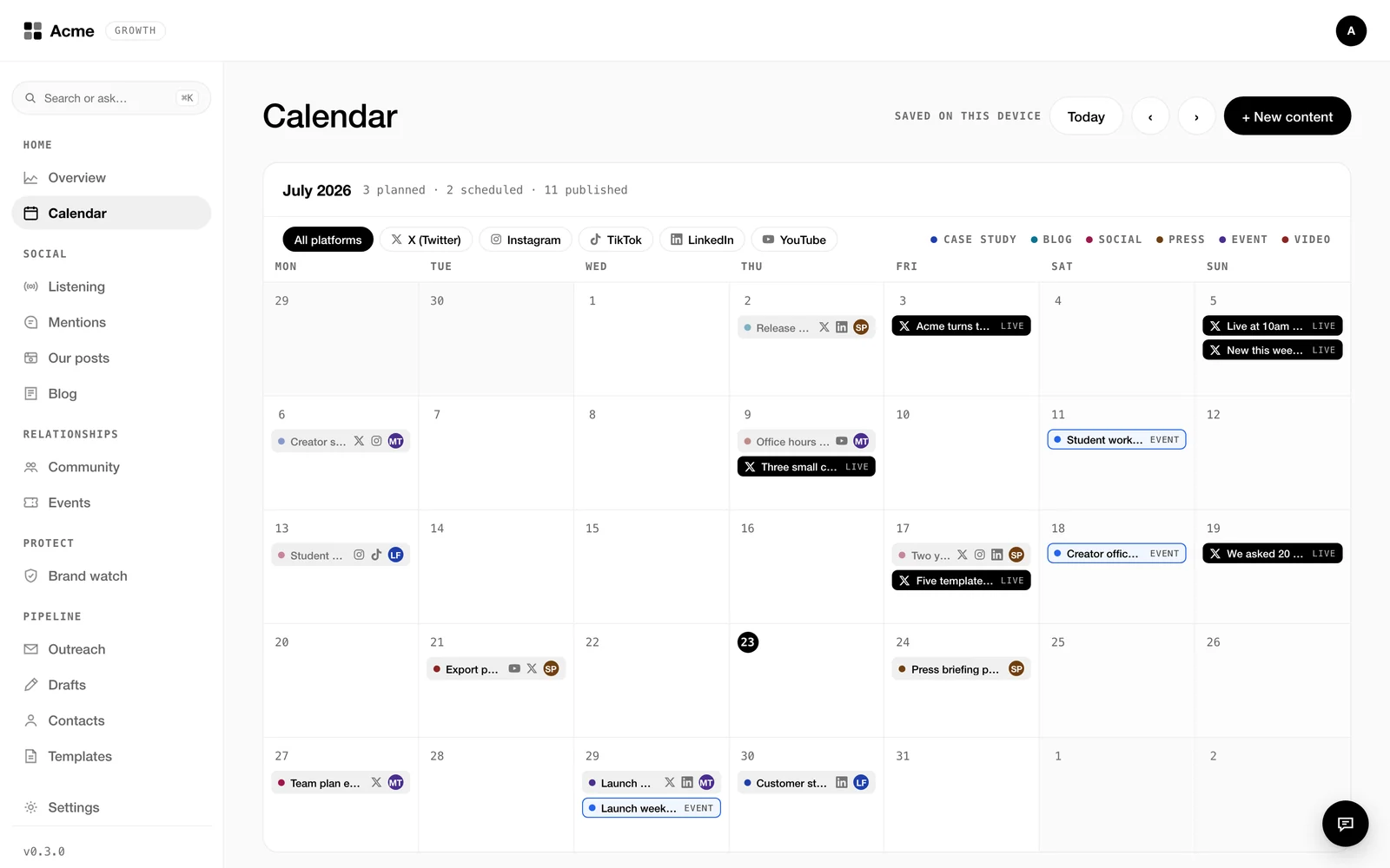 A month of content and events, sample data