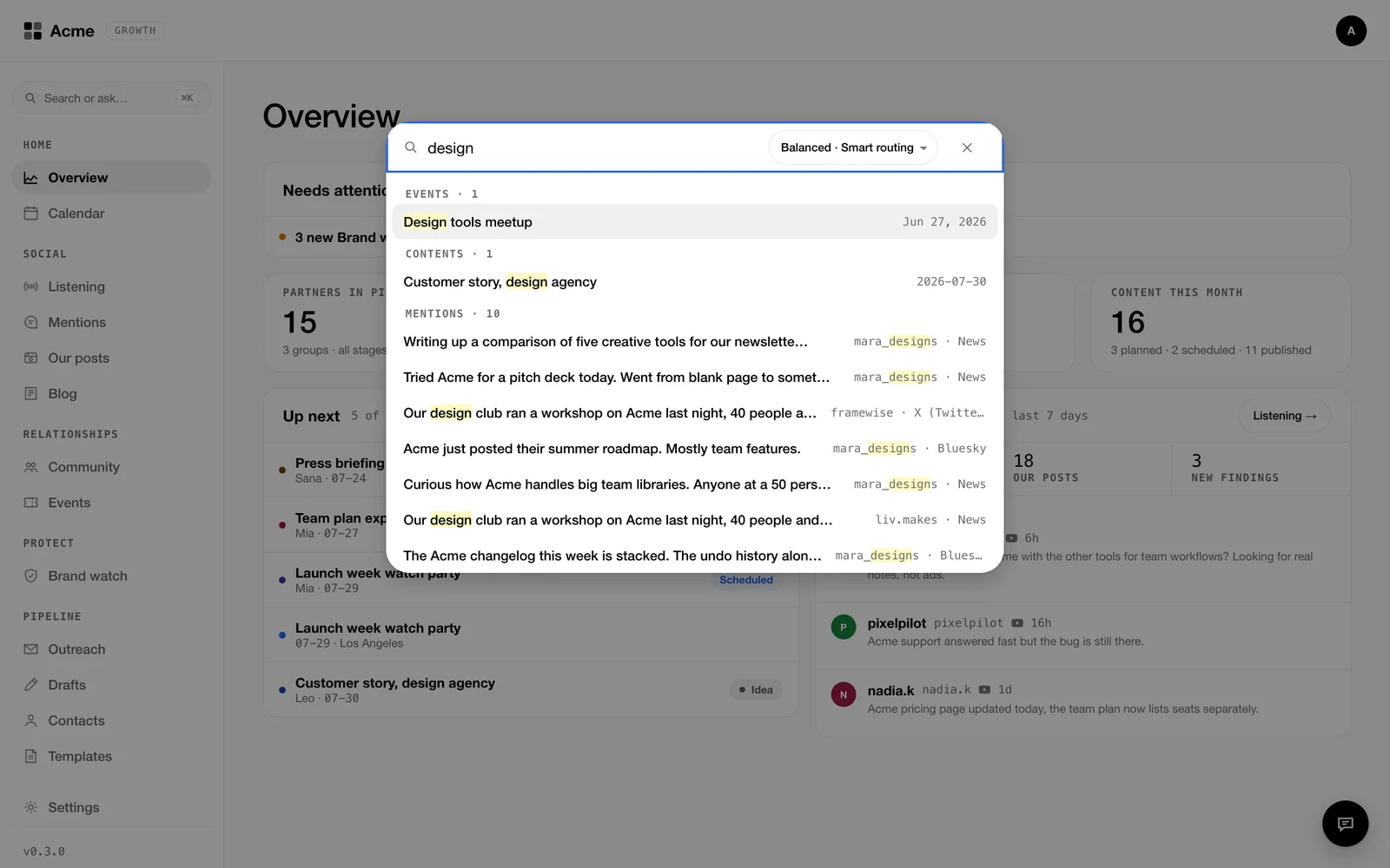 One search across the whole workspace, sample data