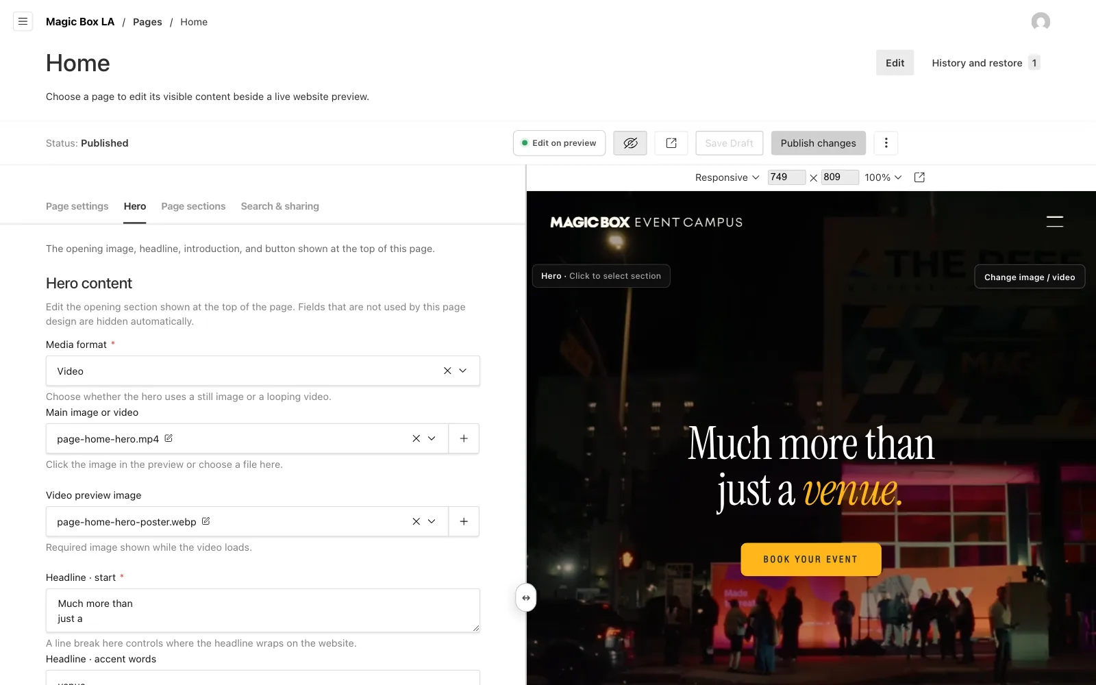 The Home page hero, its fields beside the real page