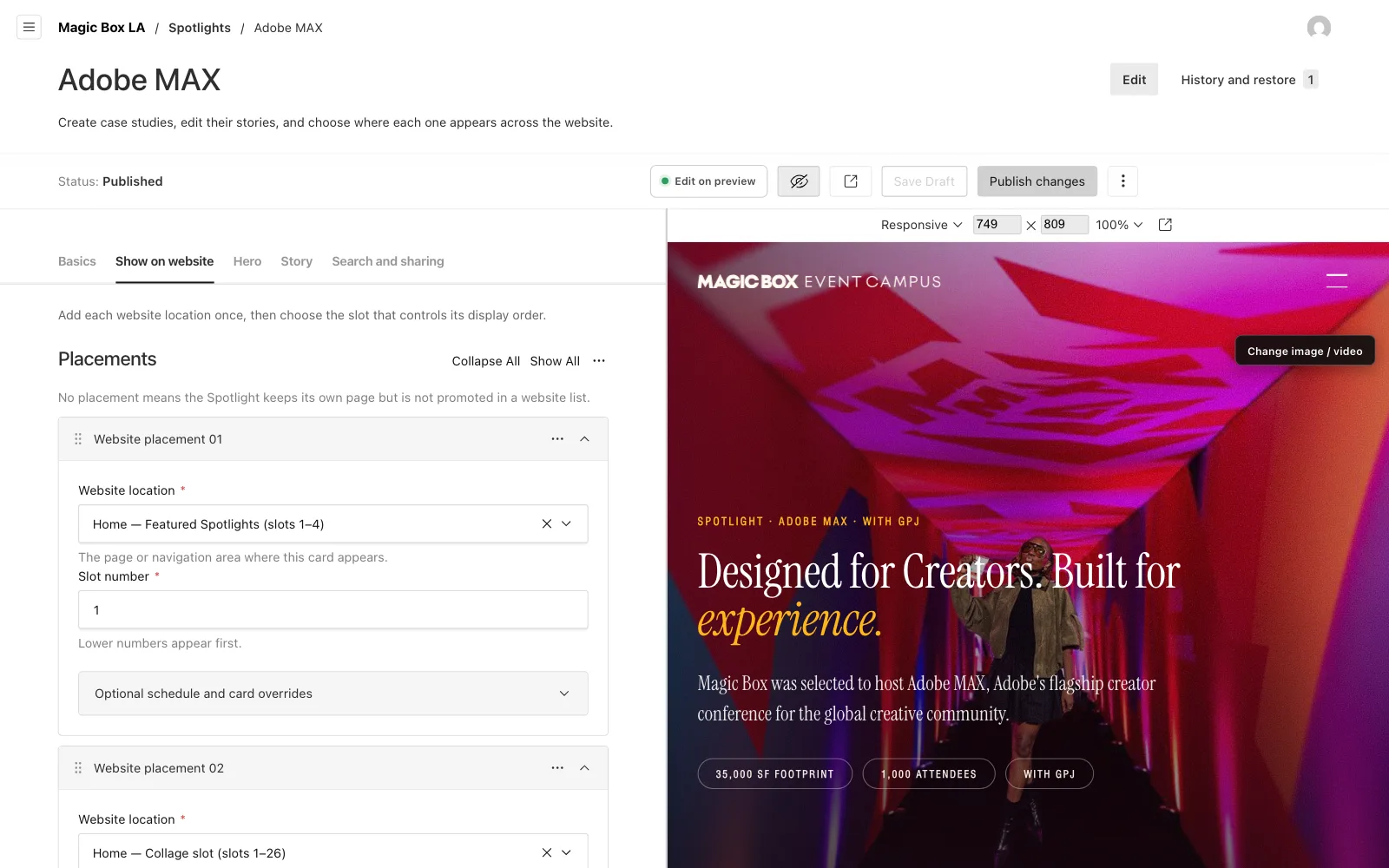 Placing the Adobe MAX spotlight on the homepage