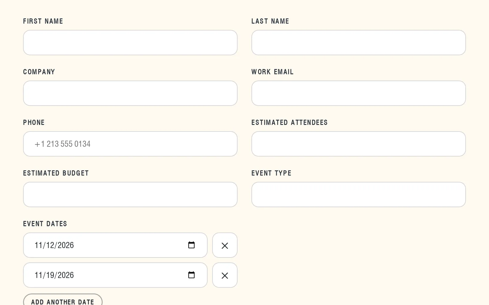 The inquiry form with two event dates