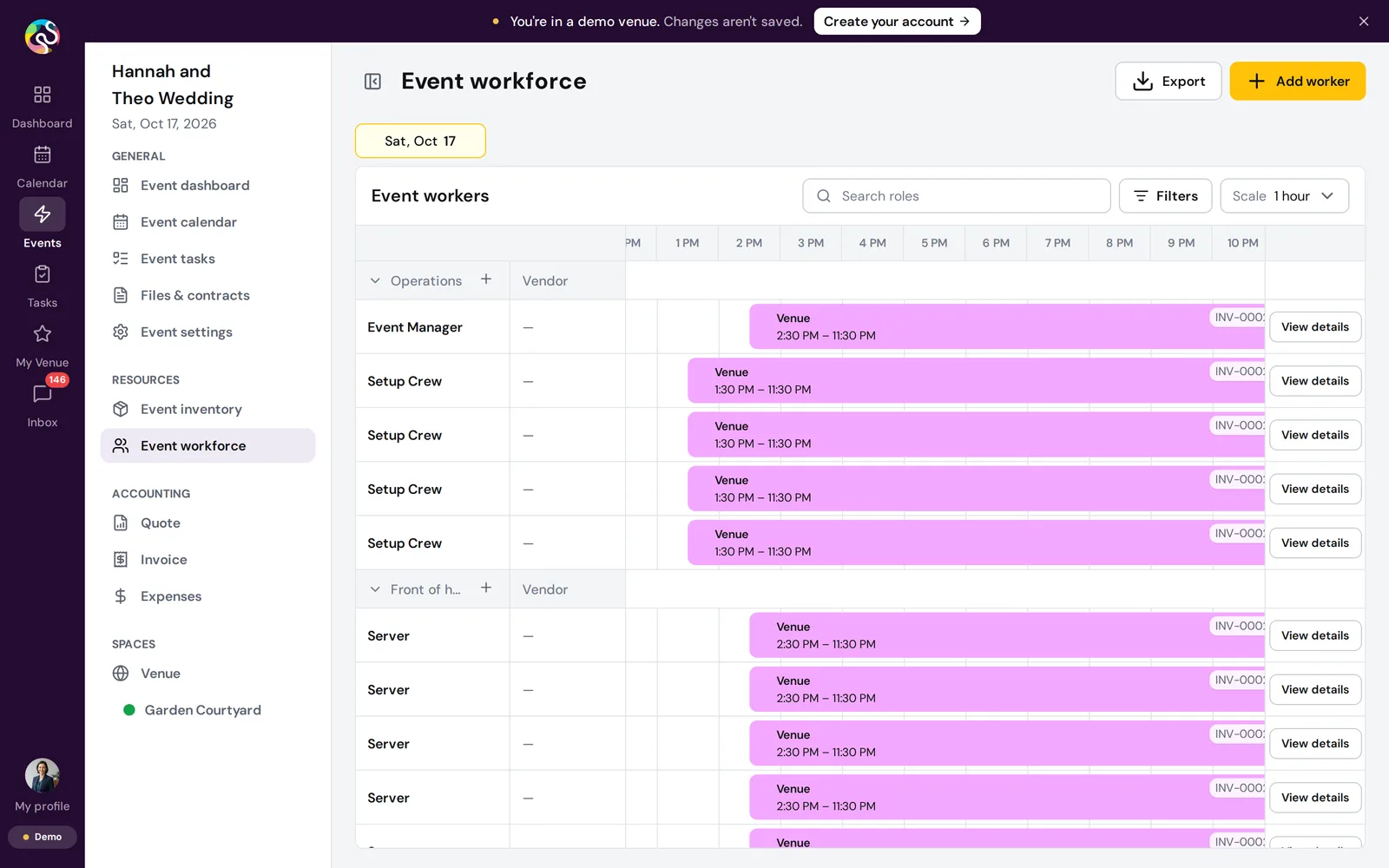 Staff for the wedding on a timeline
