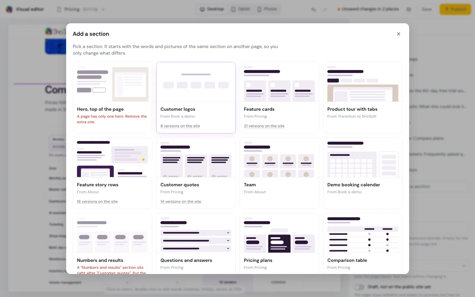 Adding a section, every kind shown with a picture