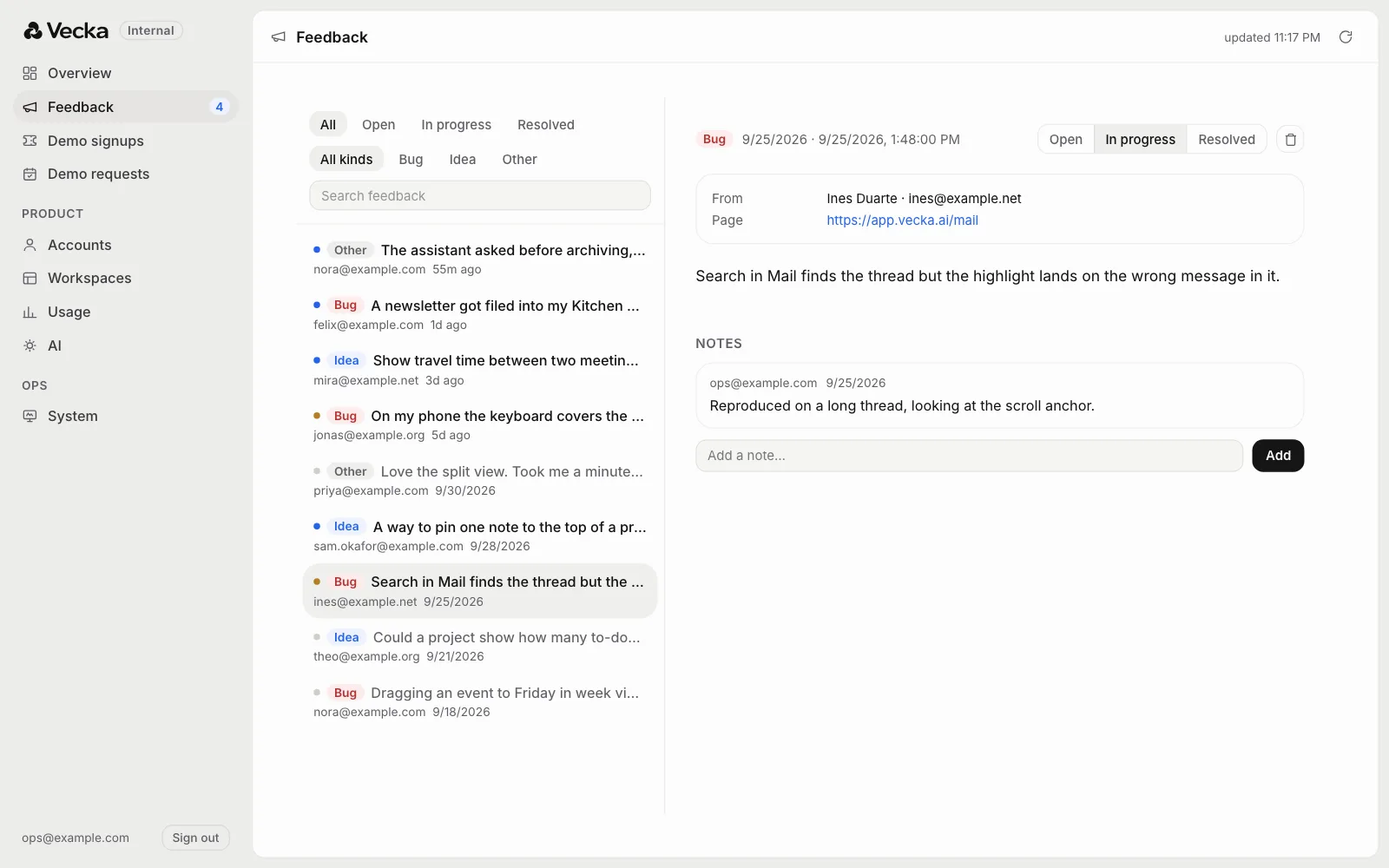 A report opened, with its status and a note, sample data