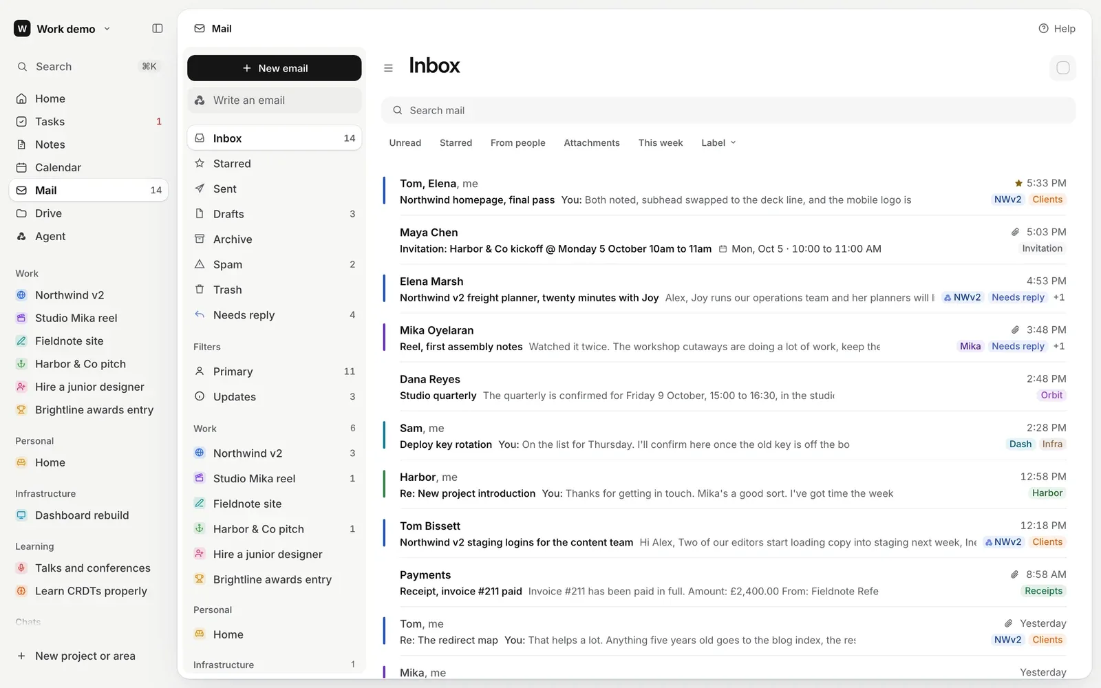 The inbox, with each conversation tagged to its project