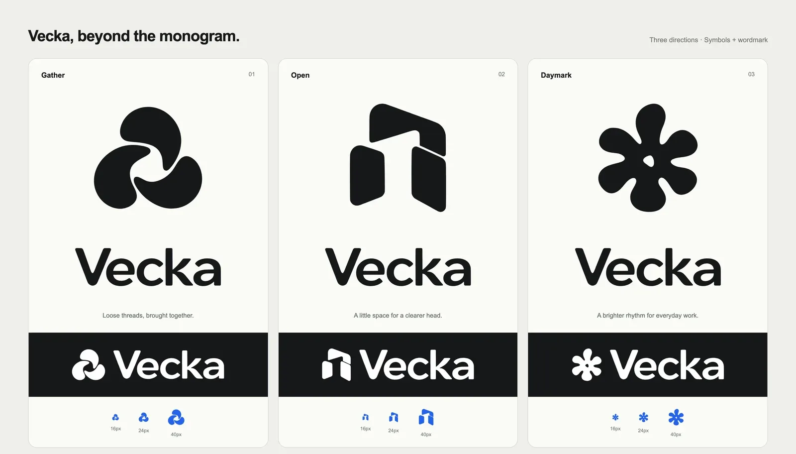 Three directions, each as icon, lettering and small sizes