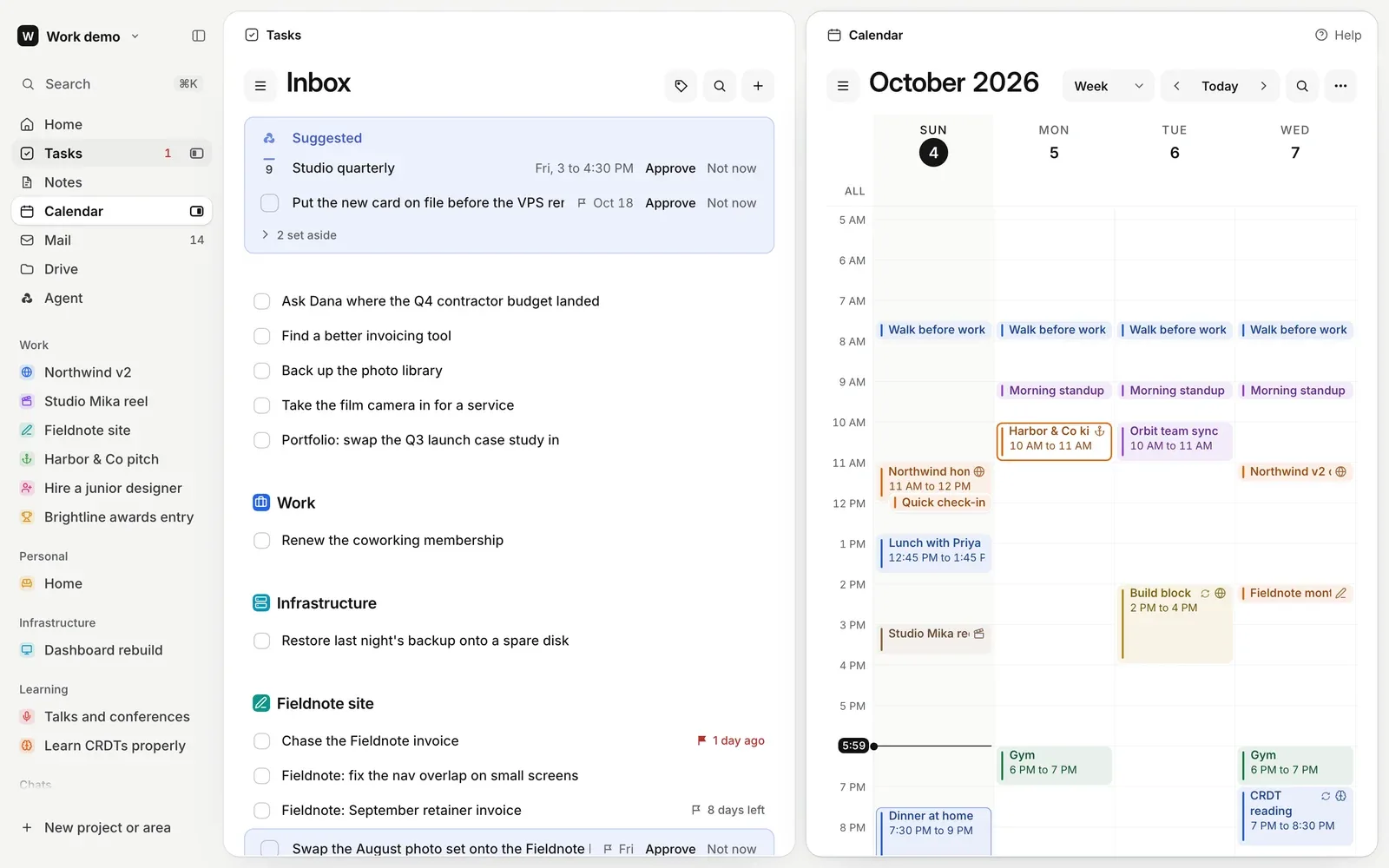 Tasks and Calendar side by side, in the demo workspace
