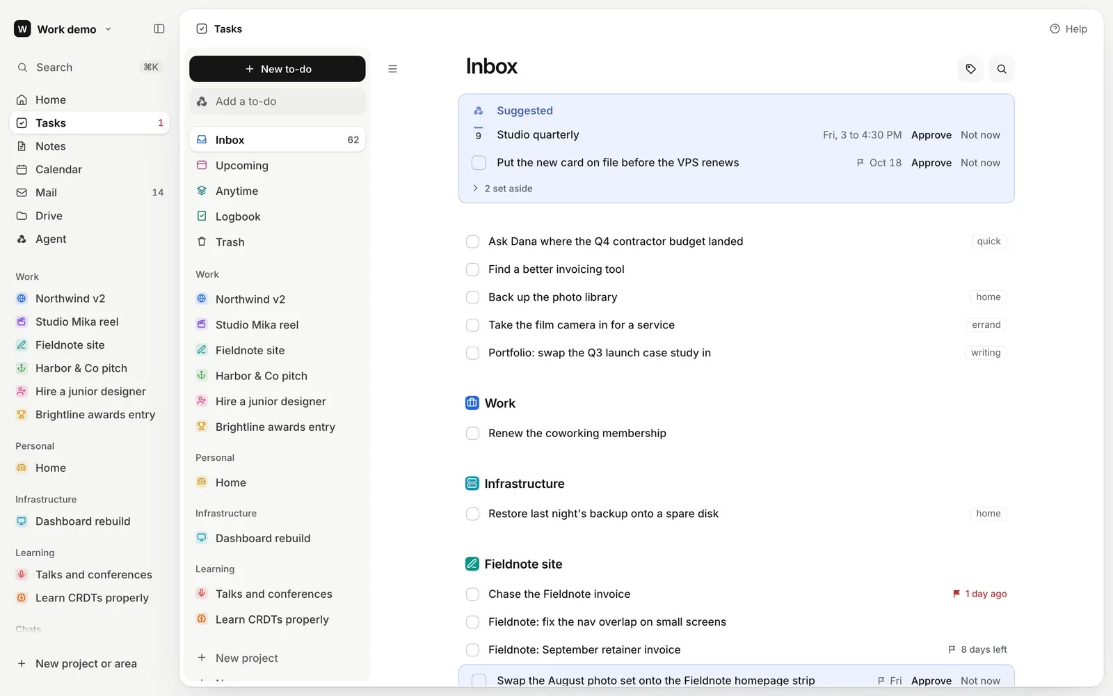 Tasks, with suggestions on top